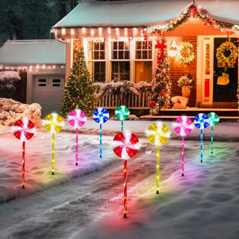 ILLUMINEW Outdoor Christmas Decorations Solar Pathway Lights, Set of 10 Lollipops Peppermint Stake Lights, 8 Modes Candy Cane Walkside Lights, Outdoor Xmas Decoration for Walkway,Yard (10PCS-Multi) - Image 3